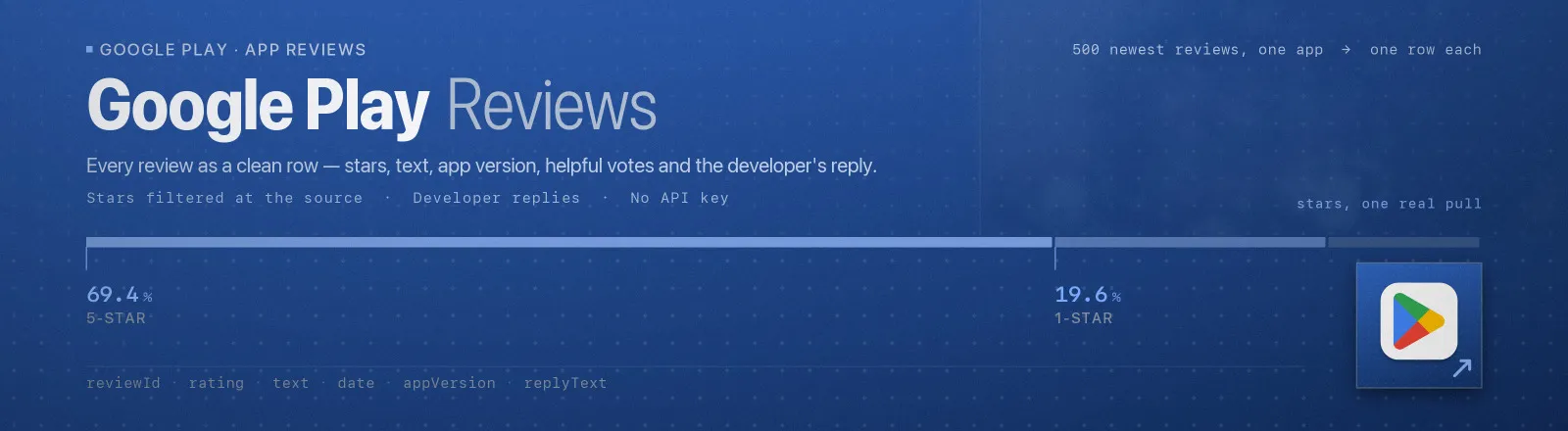 Google Play Reviews: Every review as a clean row, stars, text, app version, helpful votes and the developer's reply