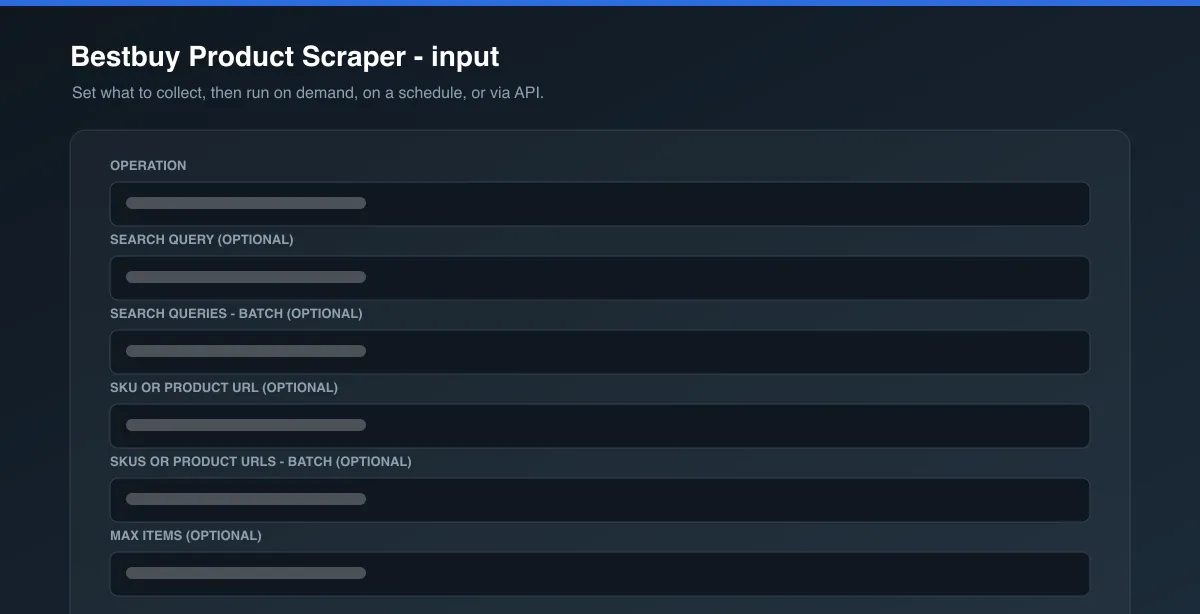 Bestbuy Product Scraper input options
