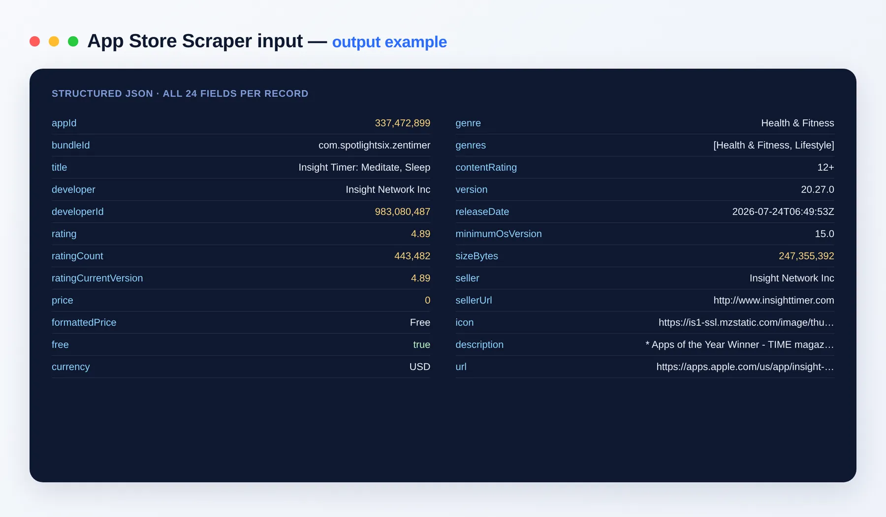 Apple App Store Scraper output example — app rows with rating, price, genre and version as structured JSON