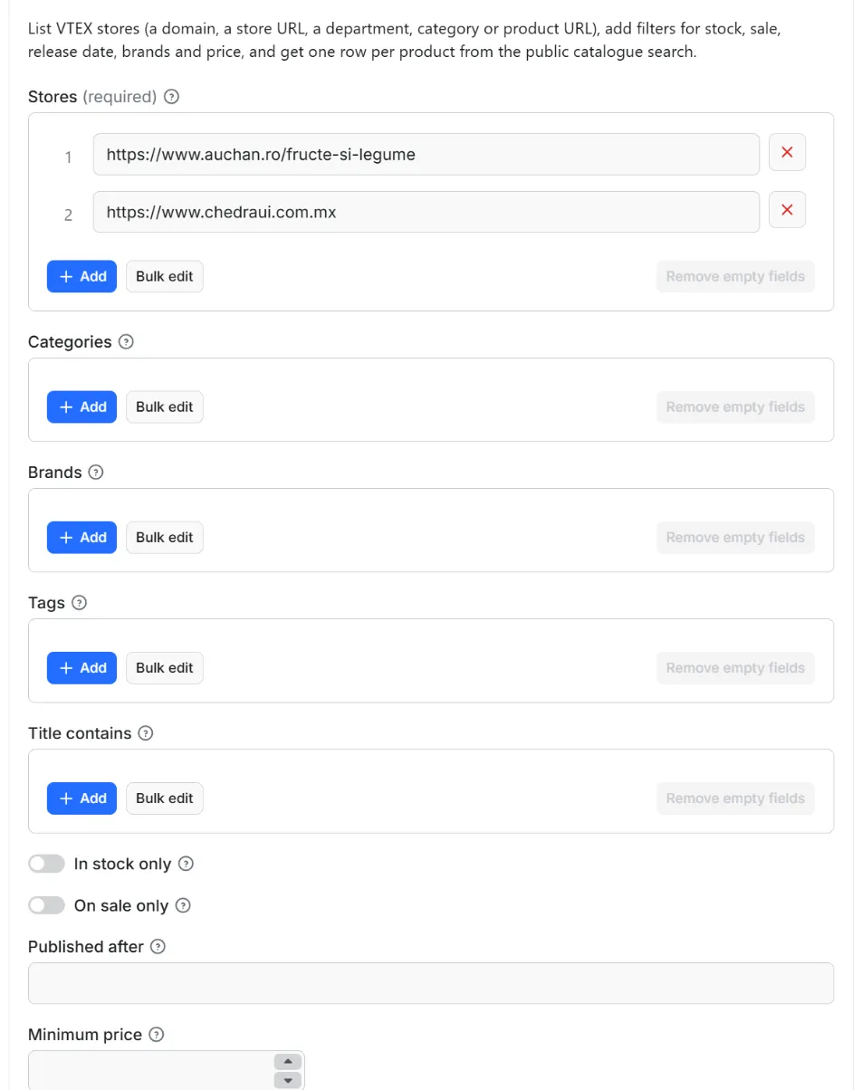 Input form of VTEX Products Scraper – Public Catalog Export
