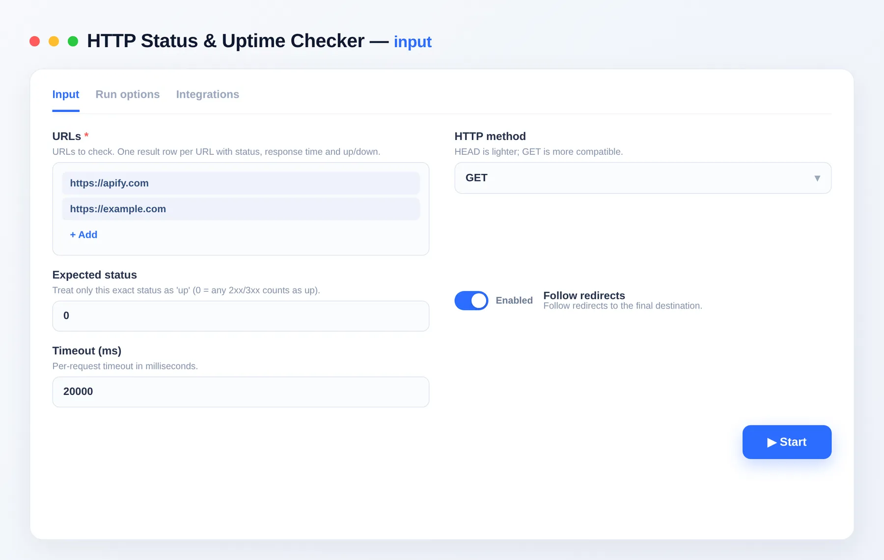 HTTP Status & Uptime Checker input — configure the options in the Apify Console