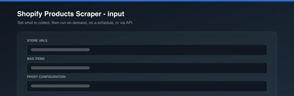 Shopify Products Scraper input options