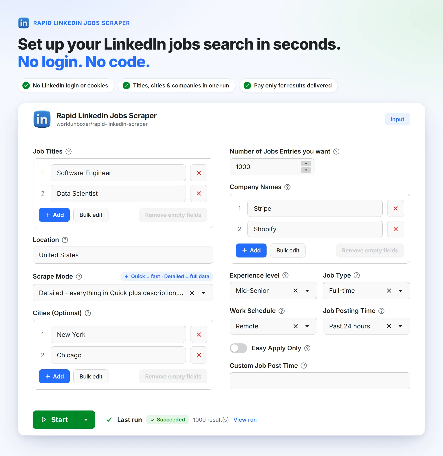 Rapid LinkedIn Jobs Scraper input form in Apify Console: job titles, location, scrape mode, filters and Start button