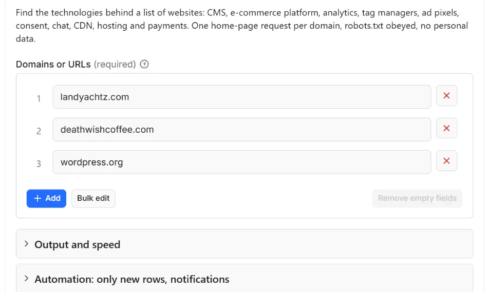 Input form of Website Tech Stack Detector – Technology Lookup API