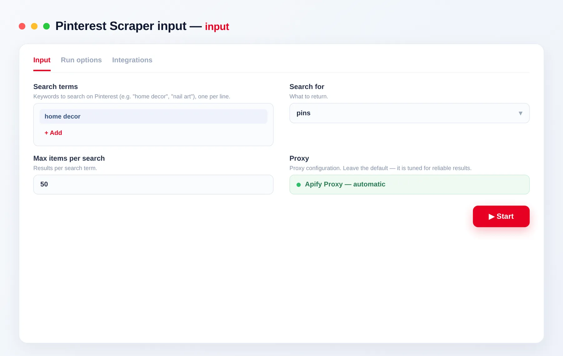 Pinterest Scraper input — search terms and scope in the Apify Console