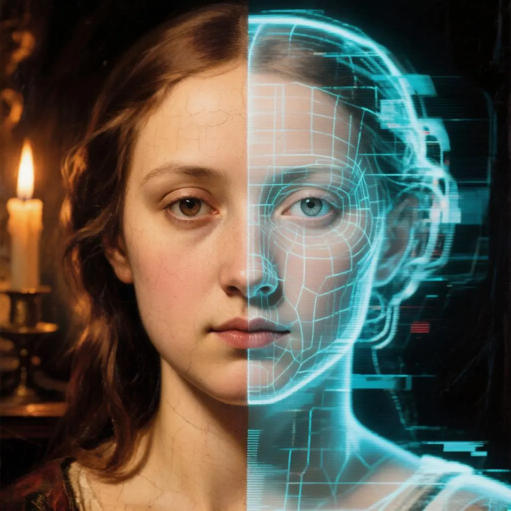 AI generated mixed style split portrait, Renaissance and cyberpunk — Hunyuan Image 3