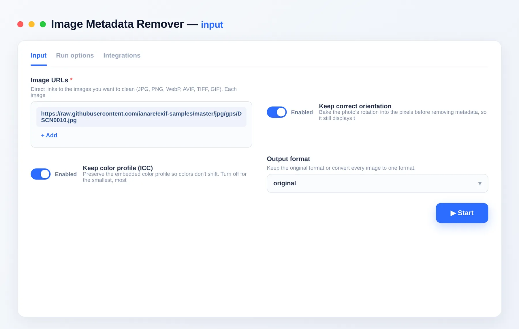 Image Metadata Remover input — configure the options in the Apify Console