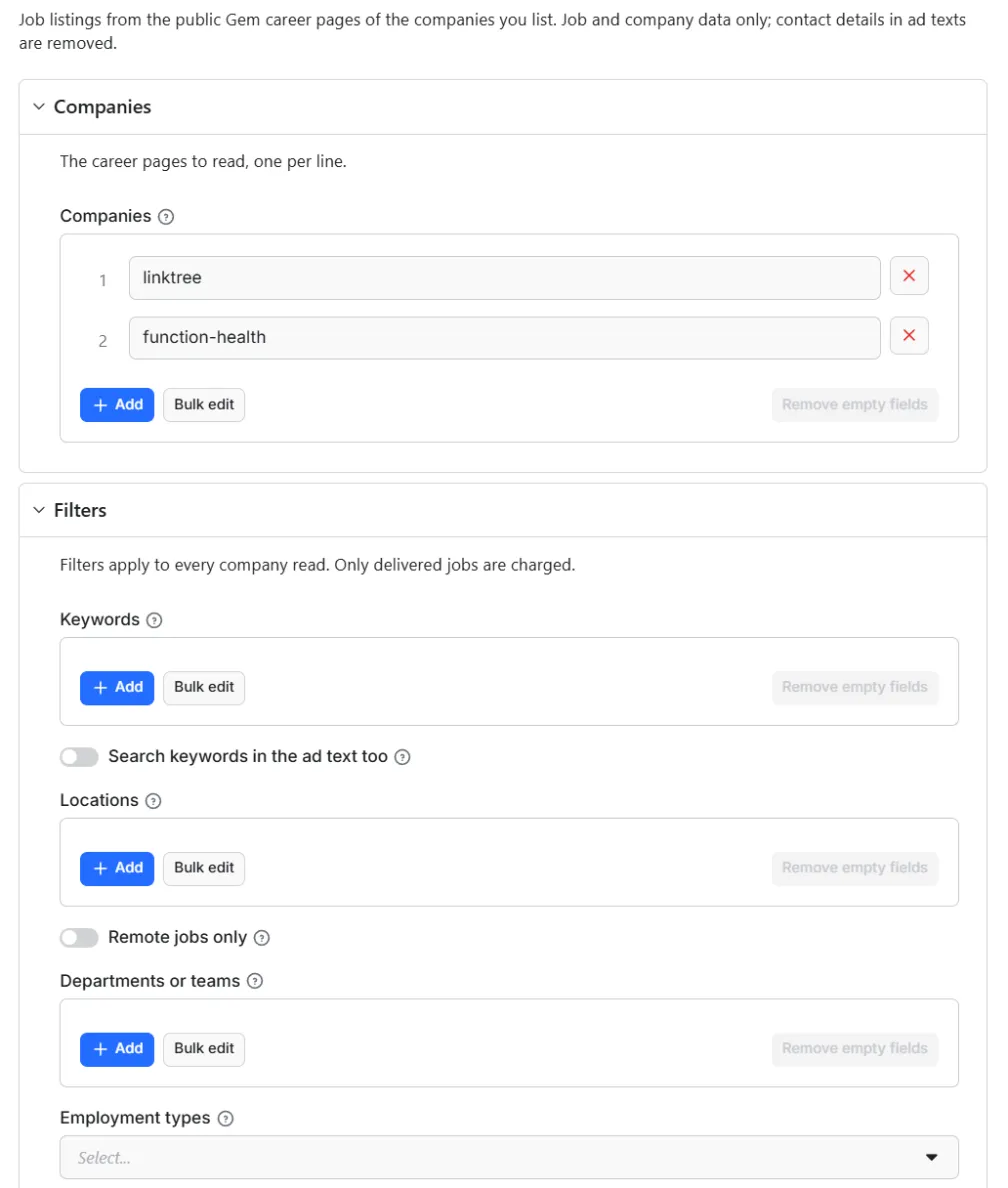 Input form of Gem Jobs Scraper – Job Board Listings from jobs.gem.com