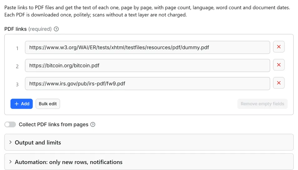 Input form of PDF Text Extractor: Text, Pages and Metadata from PDF Links