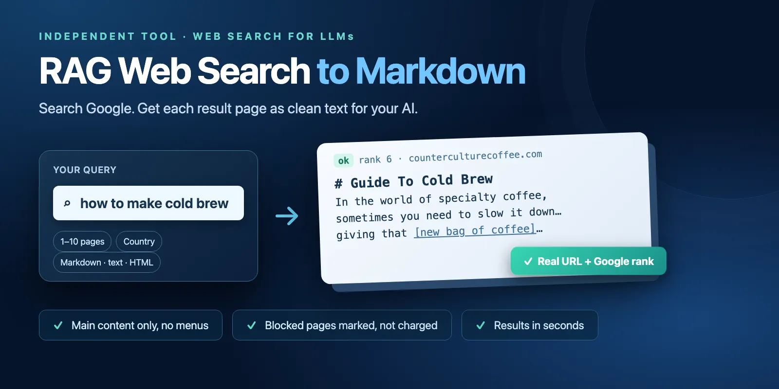 RAG Web Search: a Google query in, the main text of the top pages out as Markdown, text or HTML