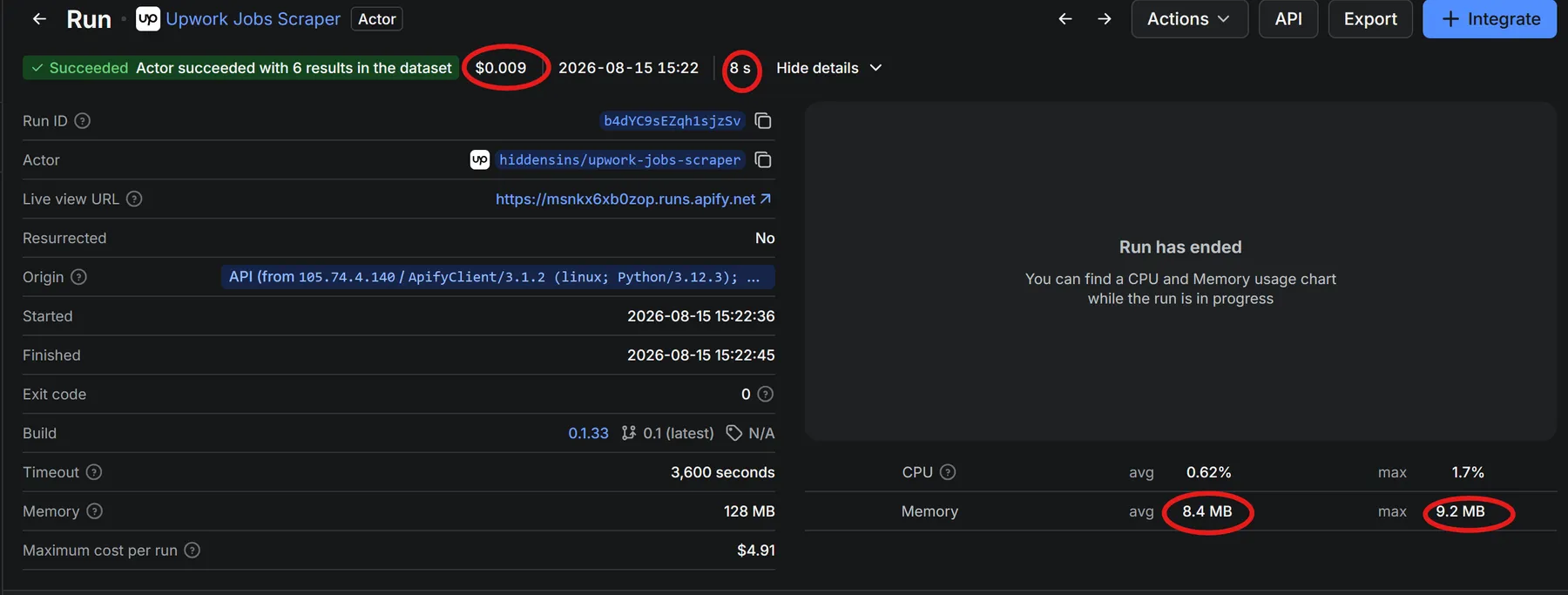 Apify RAM & CPU usage dashboard showing ~10MB and <1% CPU