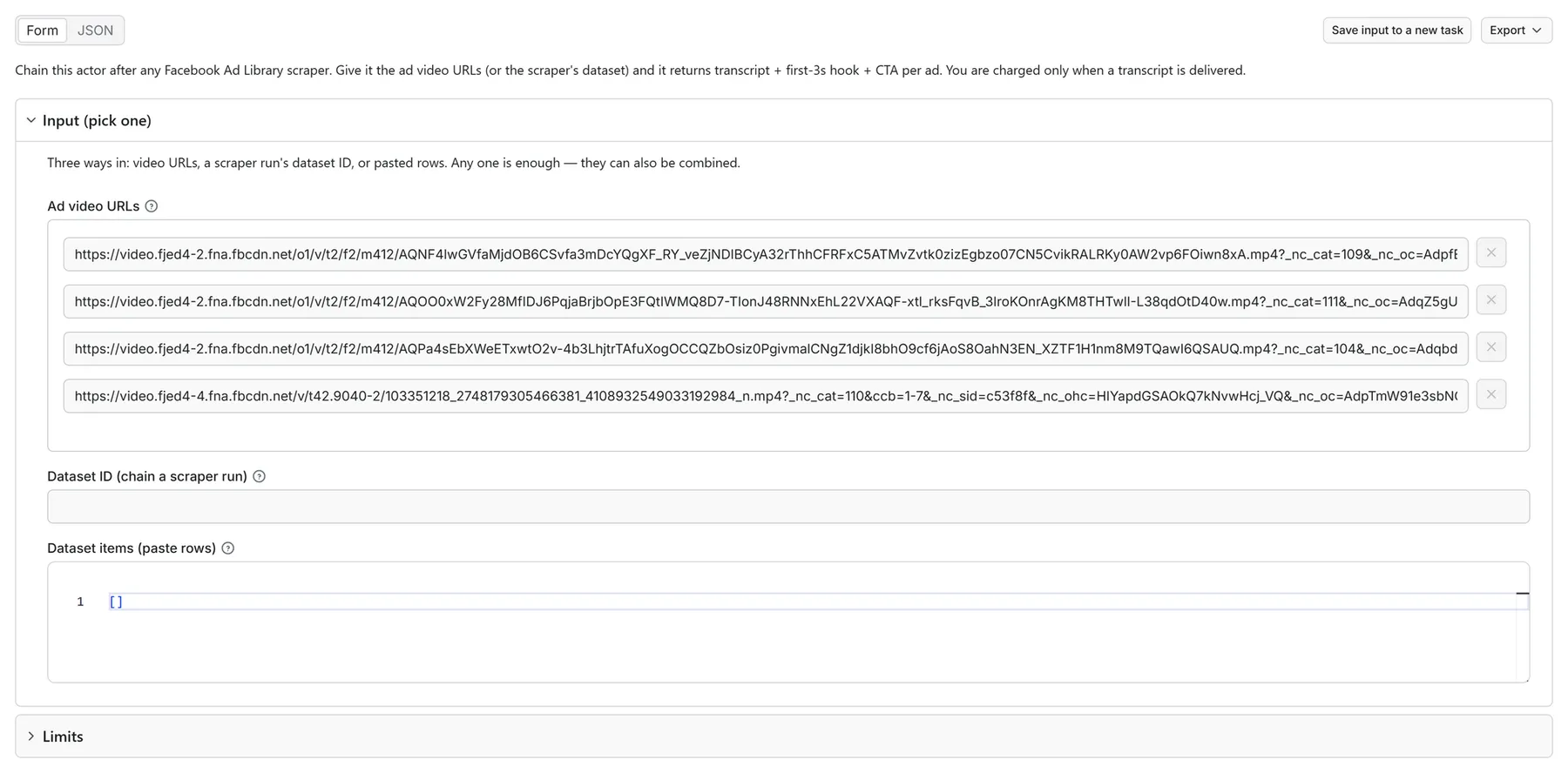 Facebook ads transcript scraper input form