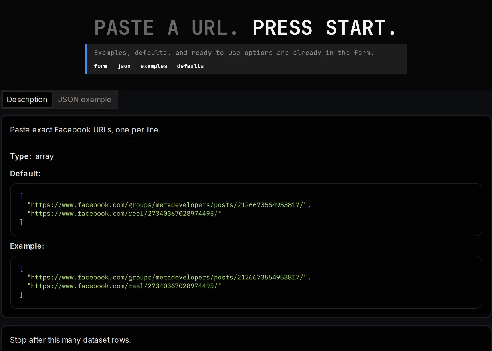 Facebook Post Scraper source page and returned record