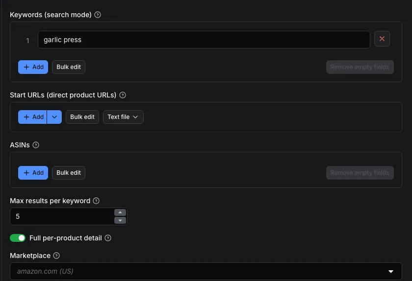 Amazon Scraper input form with the keyword "garlic press" and 5 results per keyword