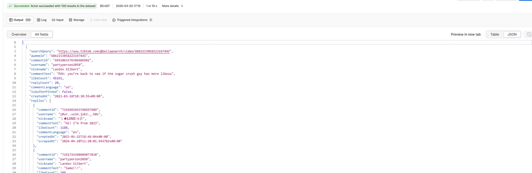 Apify dataset JSON view — TikTok comment record