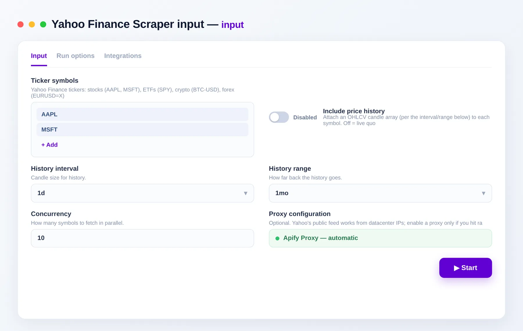 Yahoo Finance Scraper input โ ticker symbols and price-history options in the Apify Console