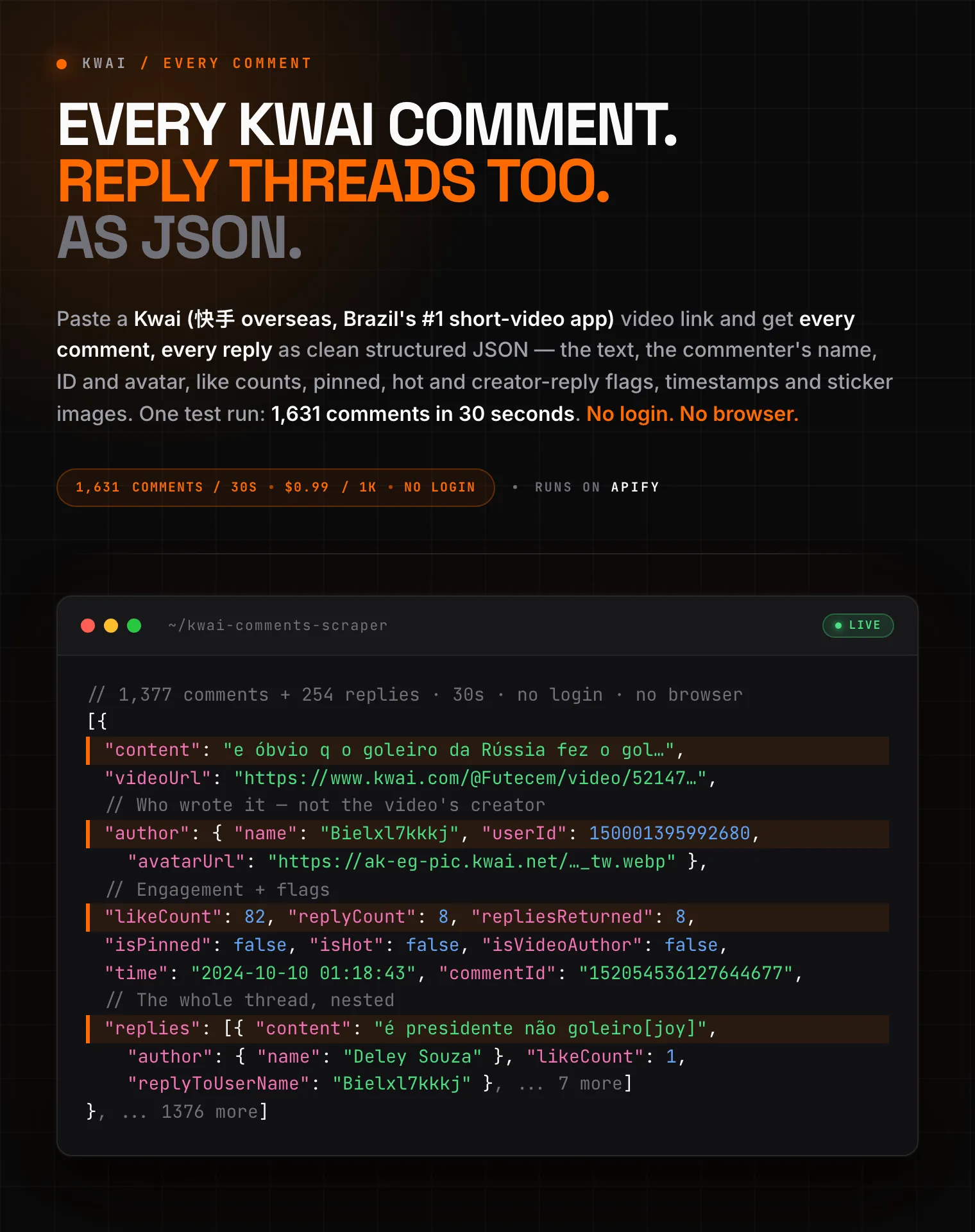 Kwai (Kuaishou) comments scraper: export every comment and reply thread from a Kwai video with commenter name, ID, avatar, like counts, pinned and creator flags and timestamps as structured JSON