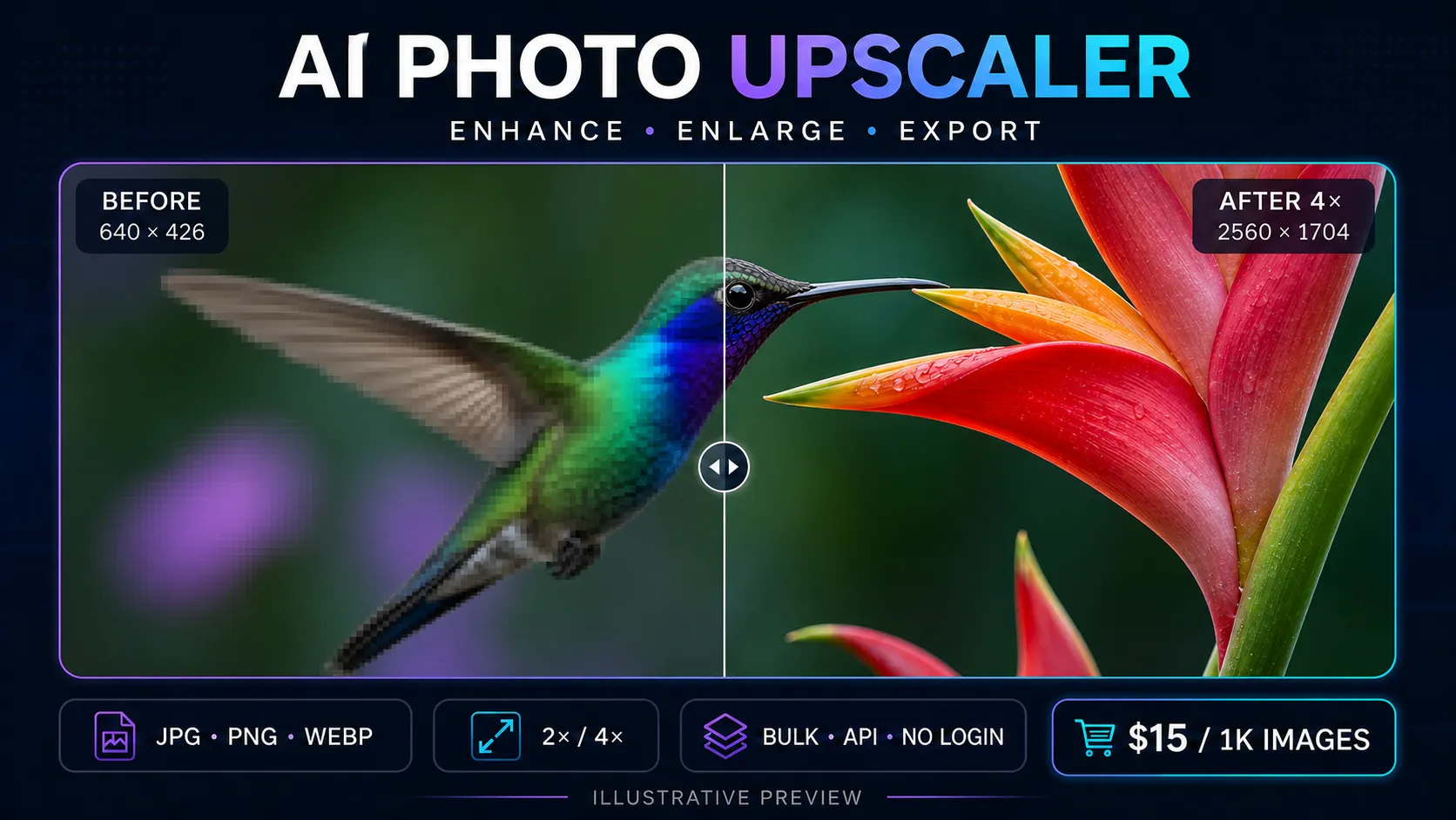 AI Photo Upscaler before and after — illustrative preview