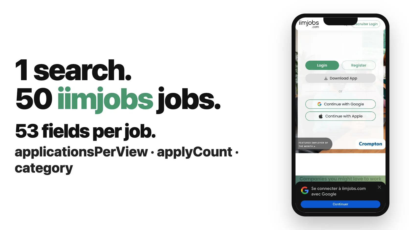 1 search. 50 iimjobs jobs. 53 fields per job.