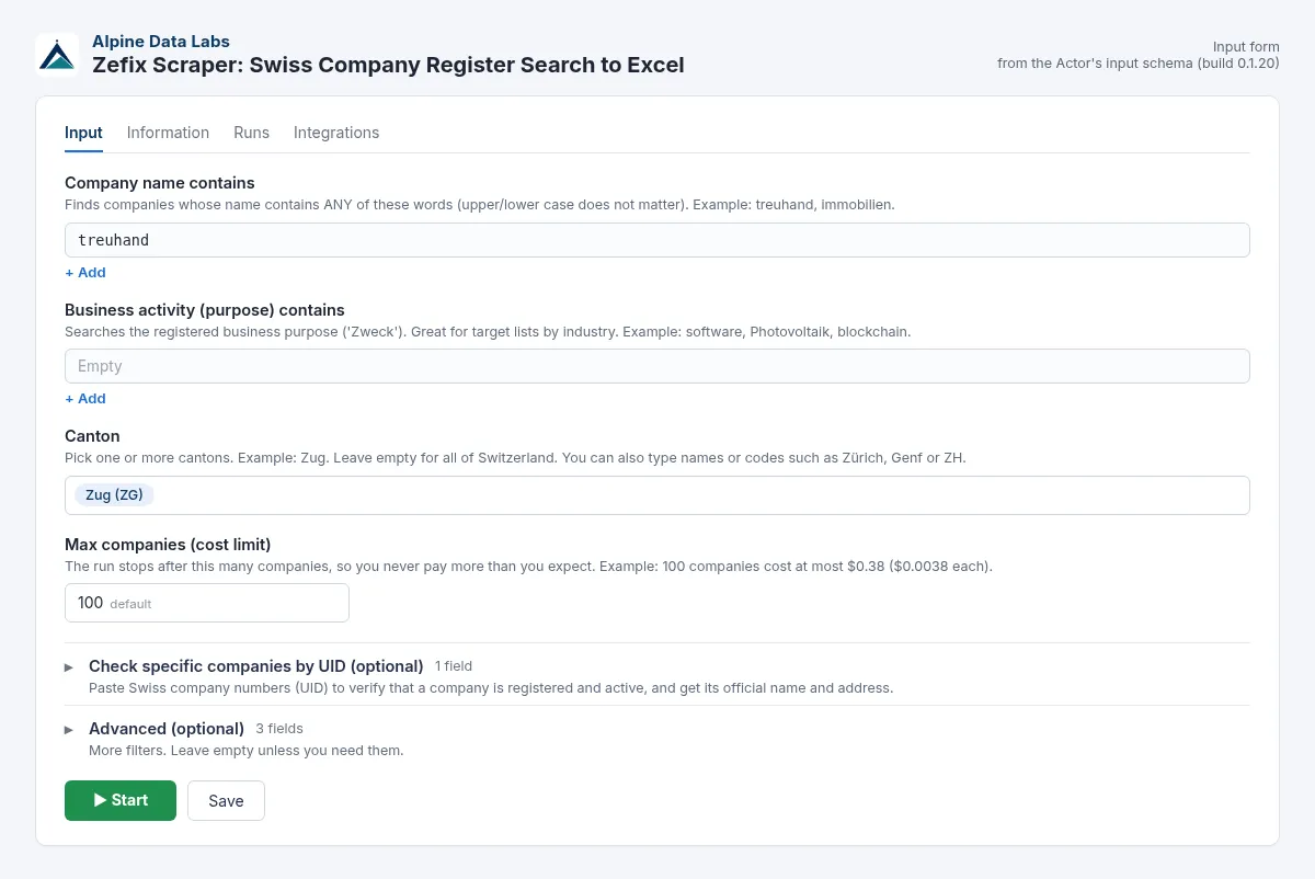 Zefix scraper input form: Swiss company register search by name, activity or canton