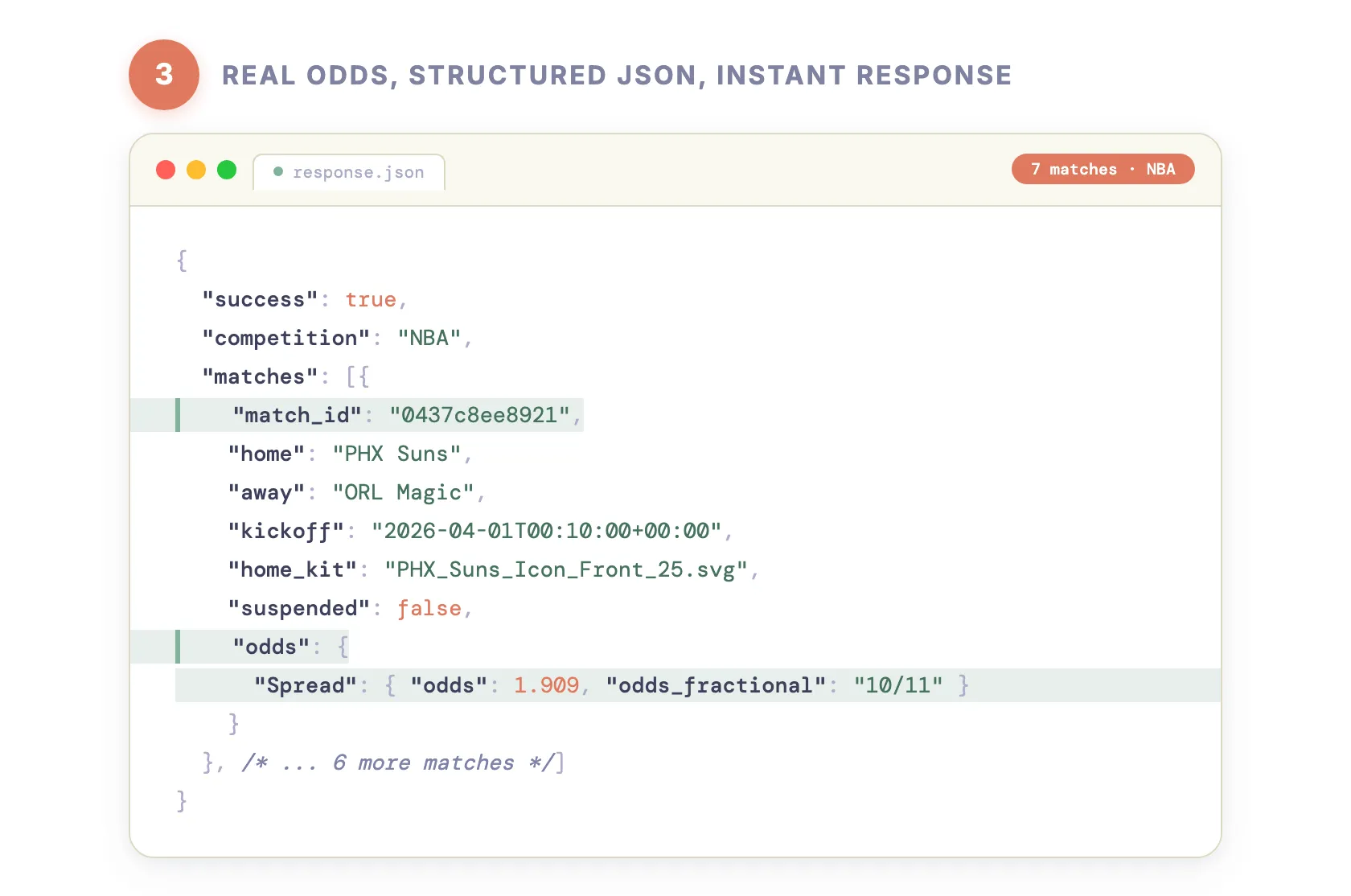 Step 3 — Real odds, structured JSON, instant response