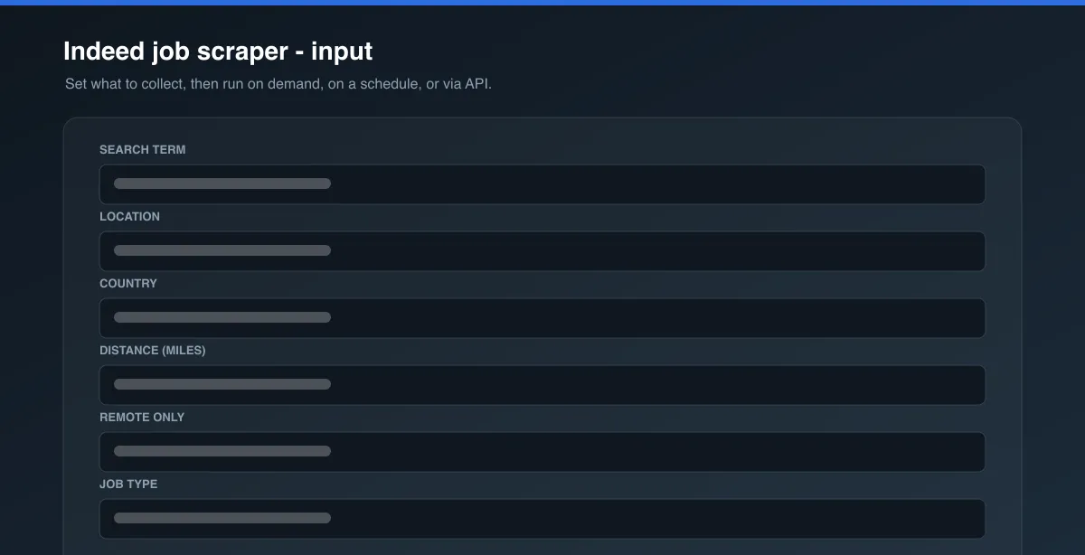 Indeed job scraper input options