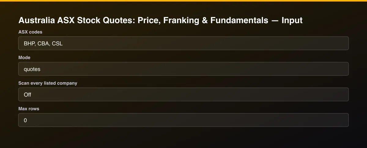 Australia ASX Stock Quotes: Price, Franking & Fundamentals input form