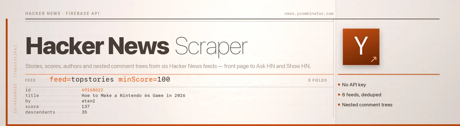 Hacker News Scraper: Stories, scores, authors and nested comment trees from six Hacker News feeds, front page to Ask HN and Show HN