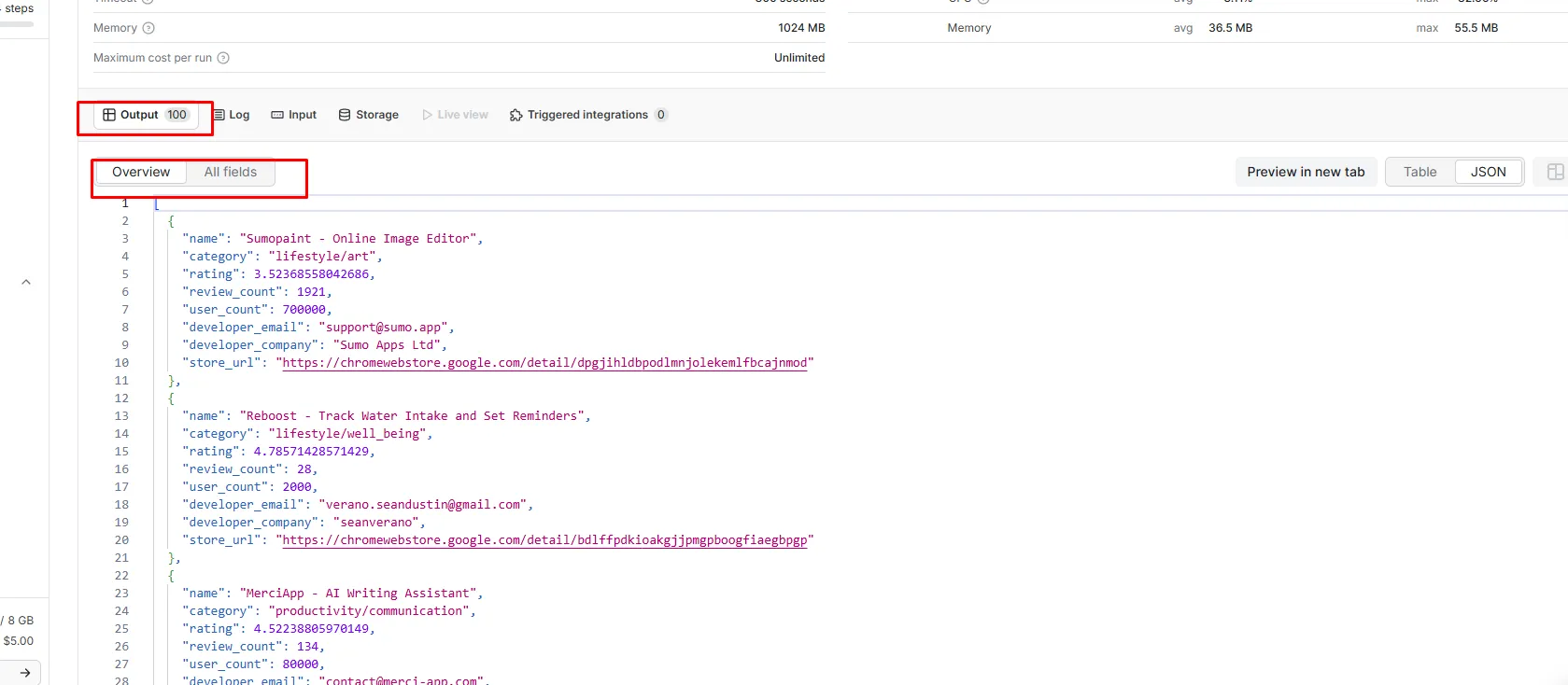 JSON output view in Apify