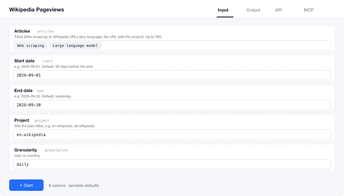 Wikipedia Pageviews input form
