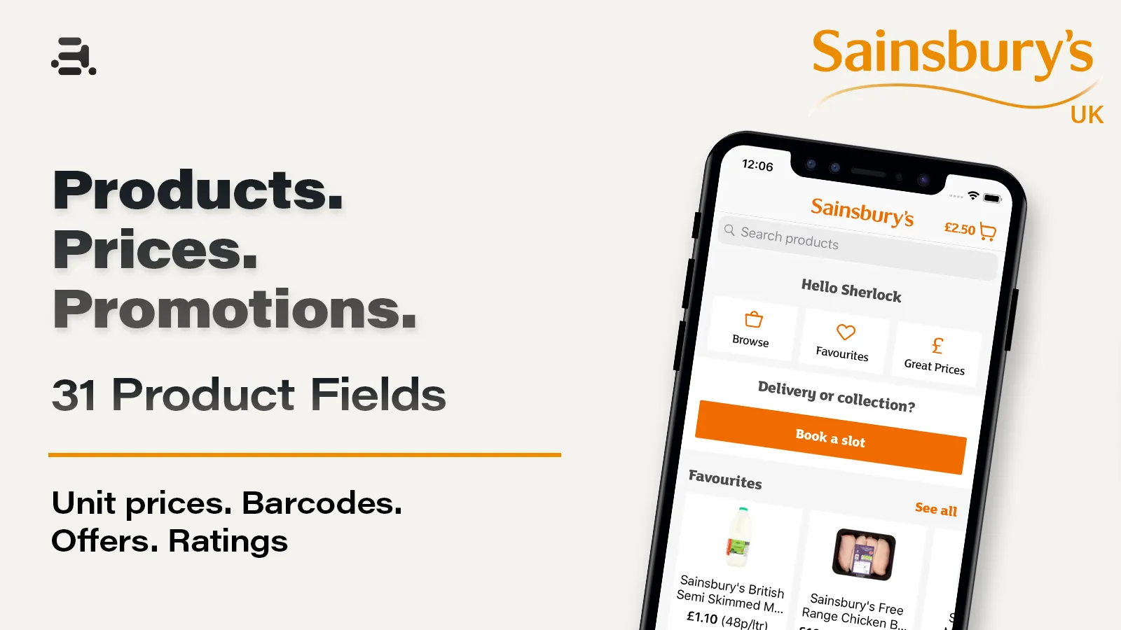 Sainsbury's UK product scraper — products, prices and promotions; 31 product fields in detail mode