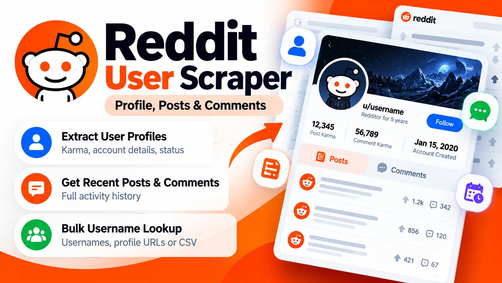 Reddit User Scraper — bulk Reddit profiles with karma, account age and status, plus recent posts and comments Reddit User Scraper
