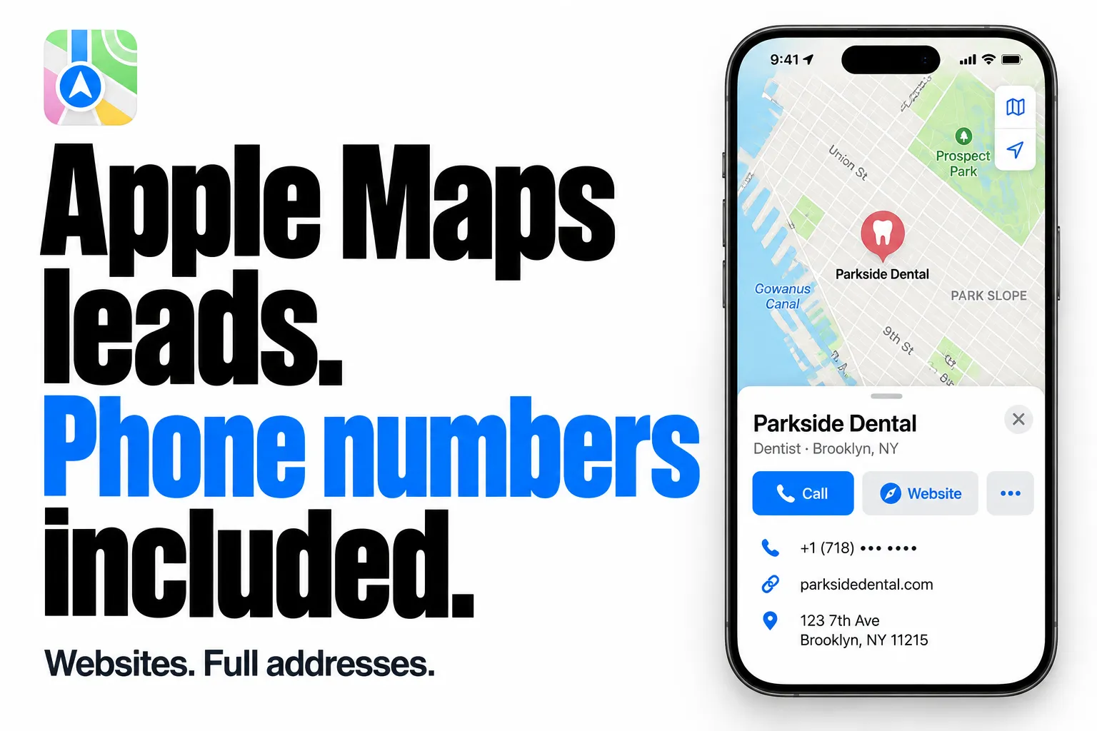 Apple Maps leads. Phone numbers included. Websites and full addresses.