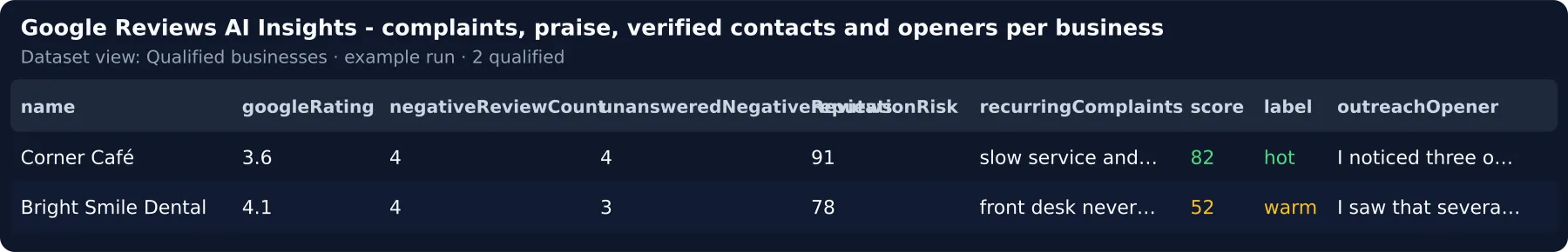 One row per qualified business — rating, unanswered negatives, reputation risk, recurring complaints, score and the AI opener