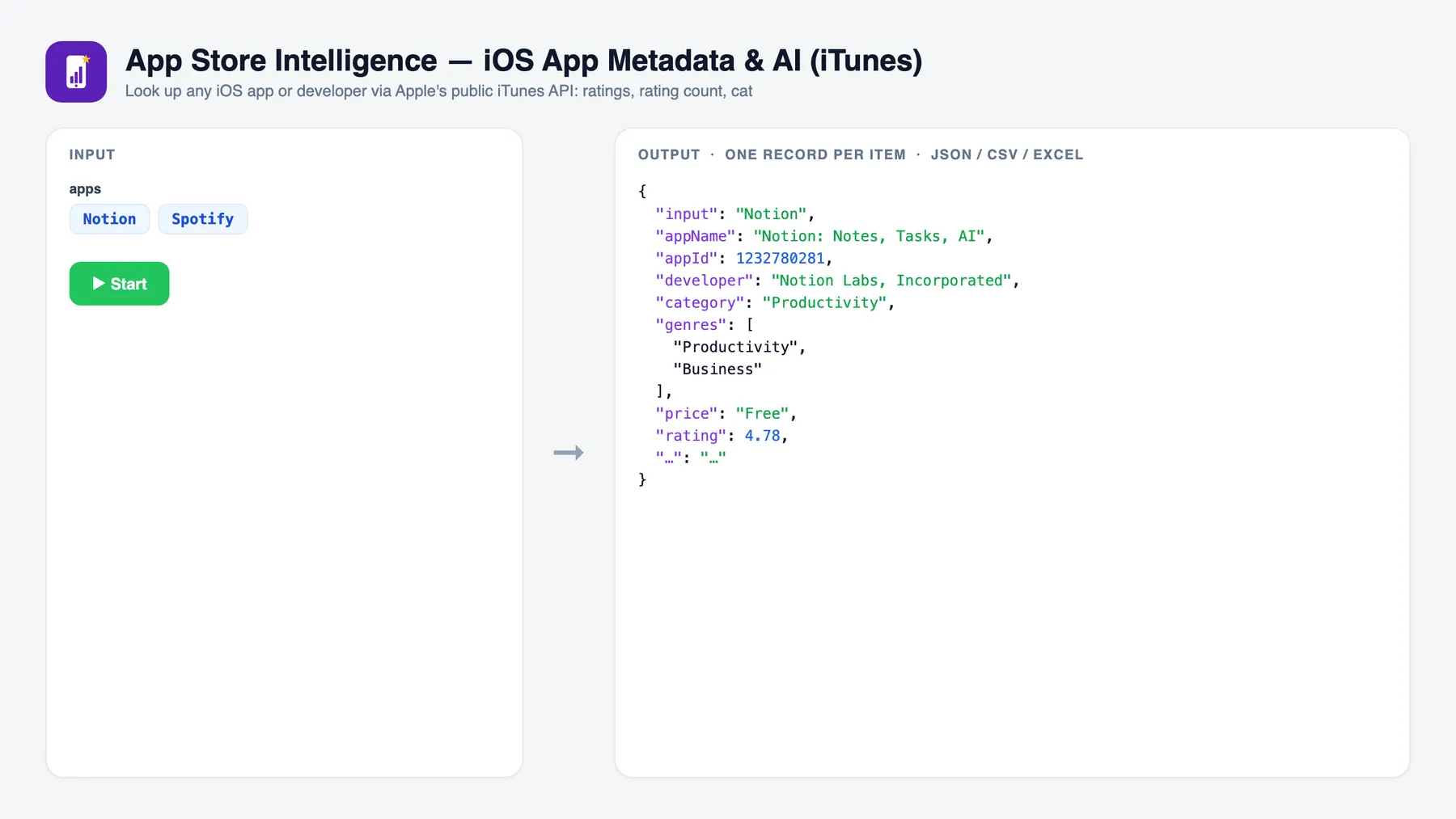 App Store Intelligence — iOS App Metadata & AI (iTunes) — input and sample output