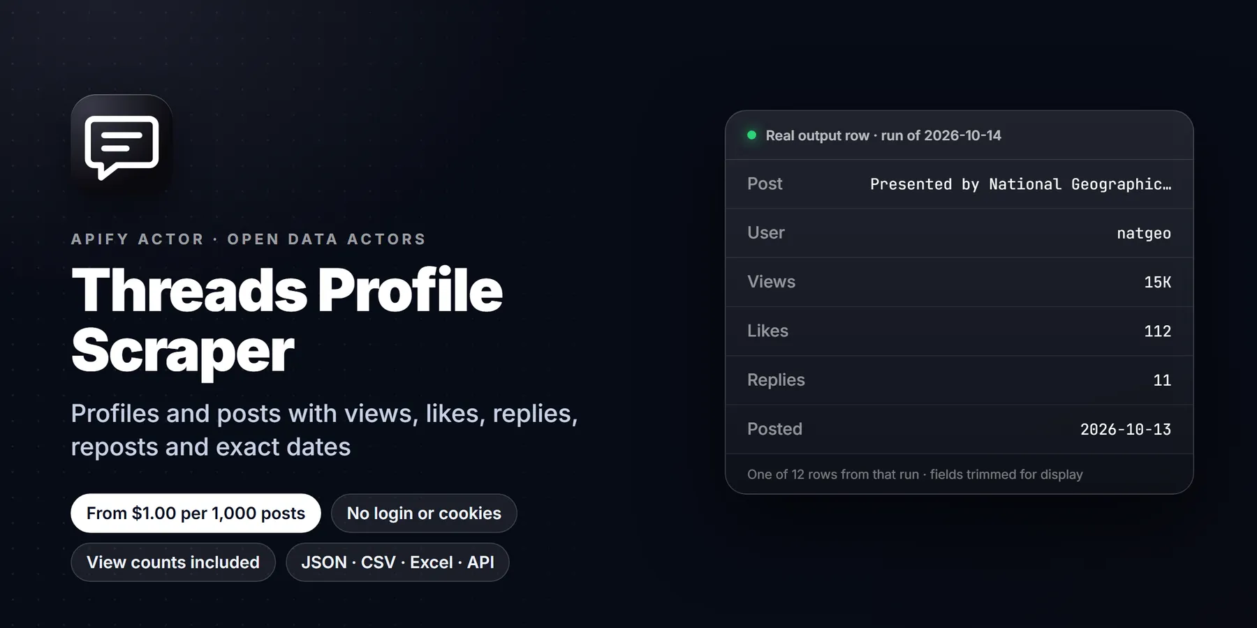 Threads Profile Scraper: features, price and a real output row
