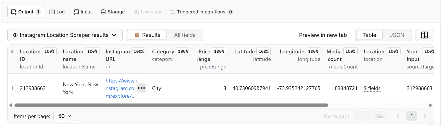 Instagram bio links and profile data in an Apify dataset