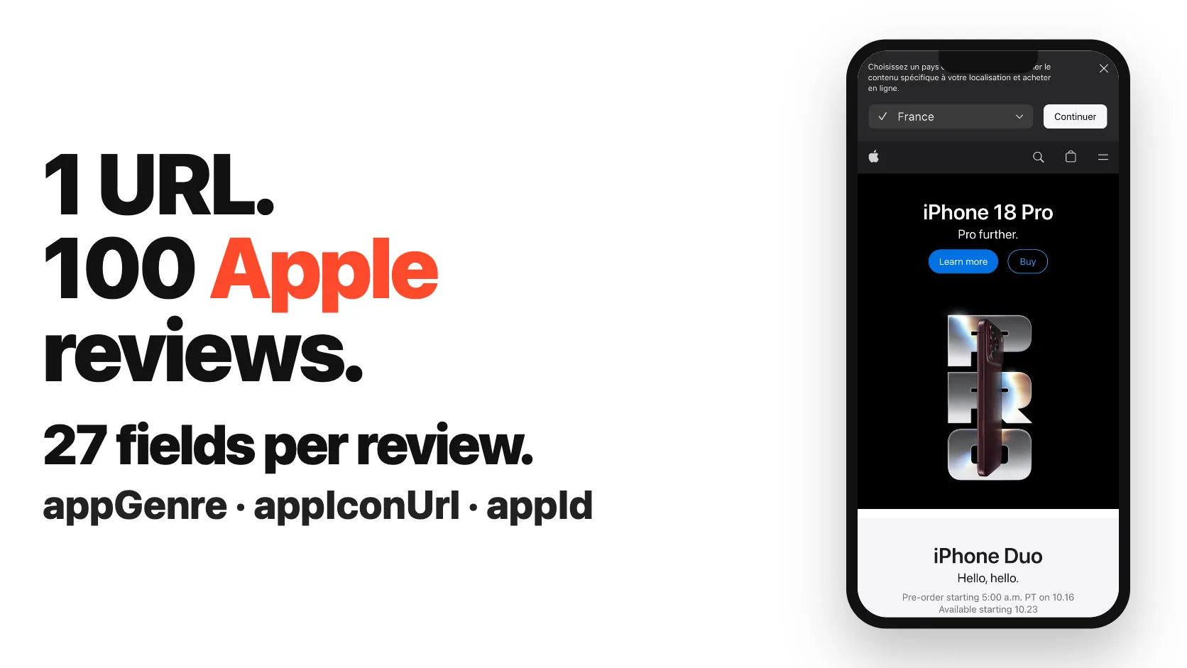 1 URL. 100 Apple reviews. 27 fields per review.