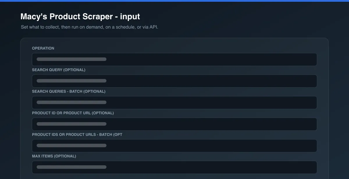 Macy's Product Scraper input options