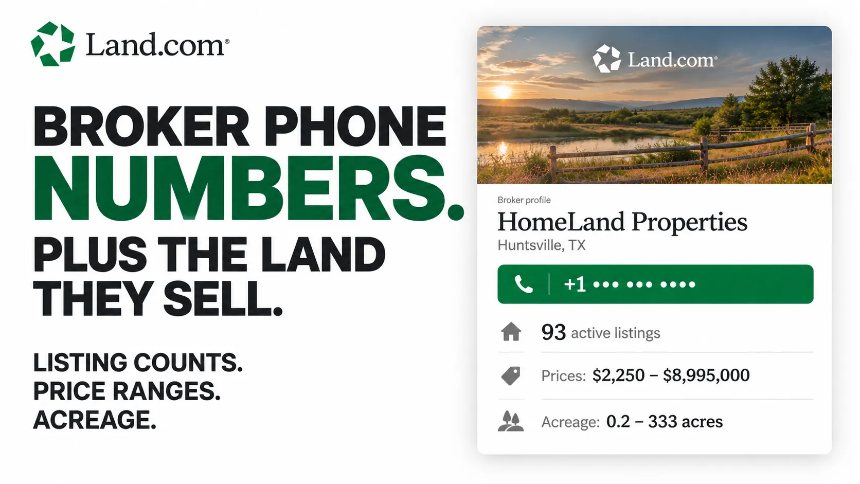 Land.com: Broker phone numbers. Plus the land they sell. Listing counts. Price ranges. Acreage.