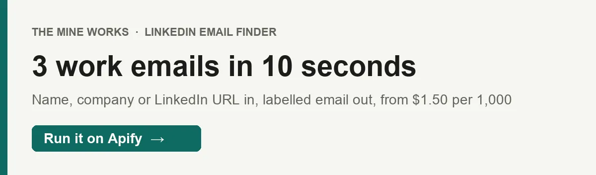 3 work emails in 10 seconds: a recorded run took a name and domain, a name and company, and a LinkedIn profile URL, and returned one labelled work email for each