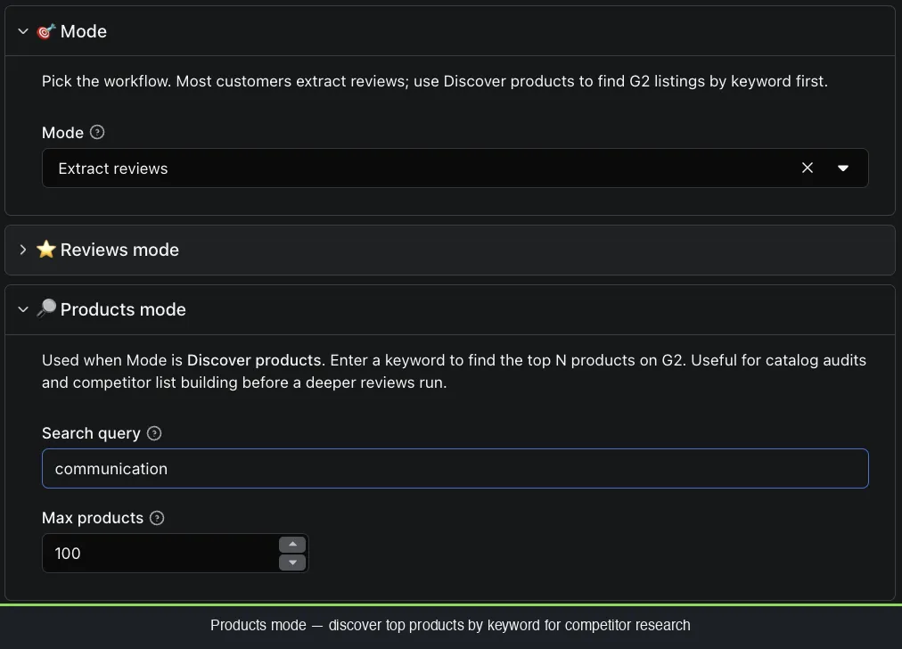 G2 reviews scraper Products mode input form on Apify Console with search query prefilled to communication and max products set to 100