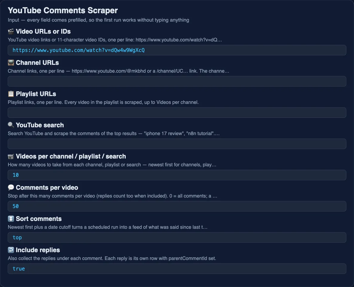 YouTube Comments Scraper input form: the fields a buyer fills in before pressing Start