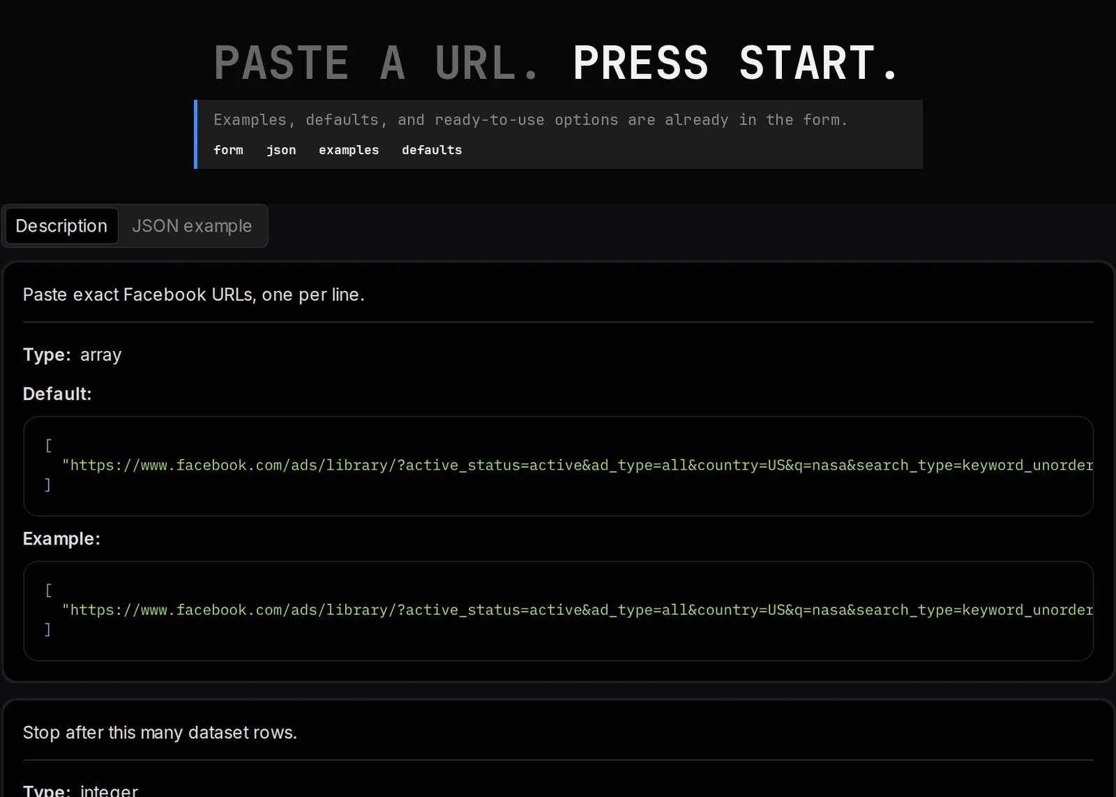 Facebook Follower Scraper published input controls