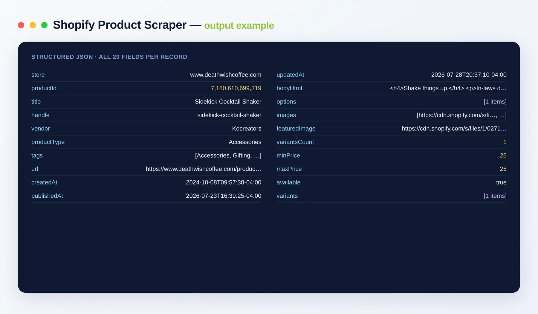 Shopify Product Scraper output example — products and variants with prices as structured JSON