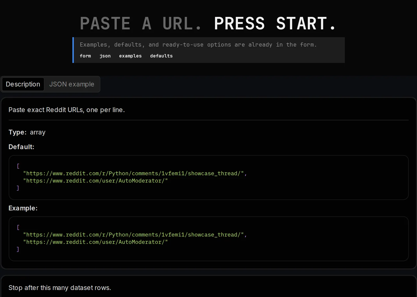 Reddit Data Export Scraper source page and returned record
