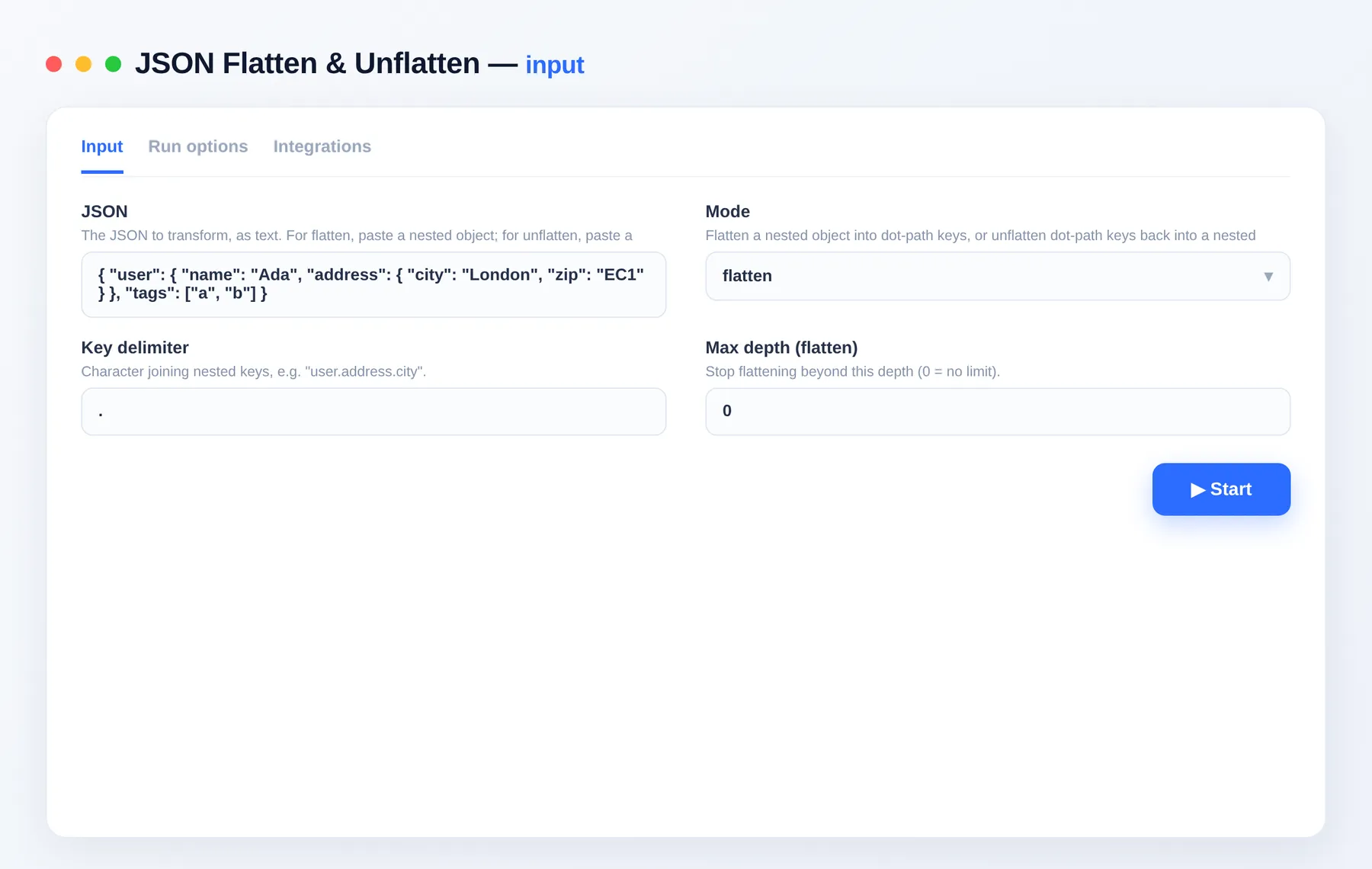 JSON Flatten & Unflatten input — configure the options in the Apify Console