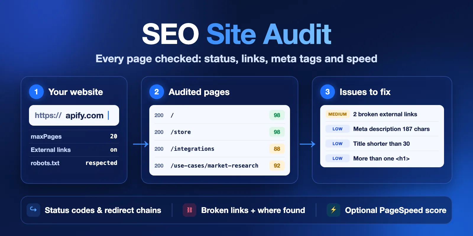 SEO Site Audit: your website URL goes in, every page gets a status code, score and a list of issues to fix, with broken links and optional PageSpeed scores