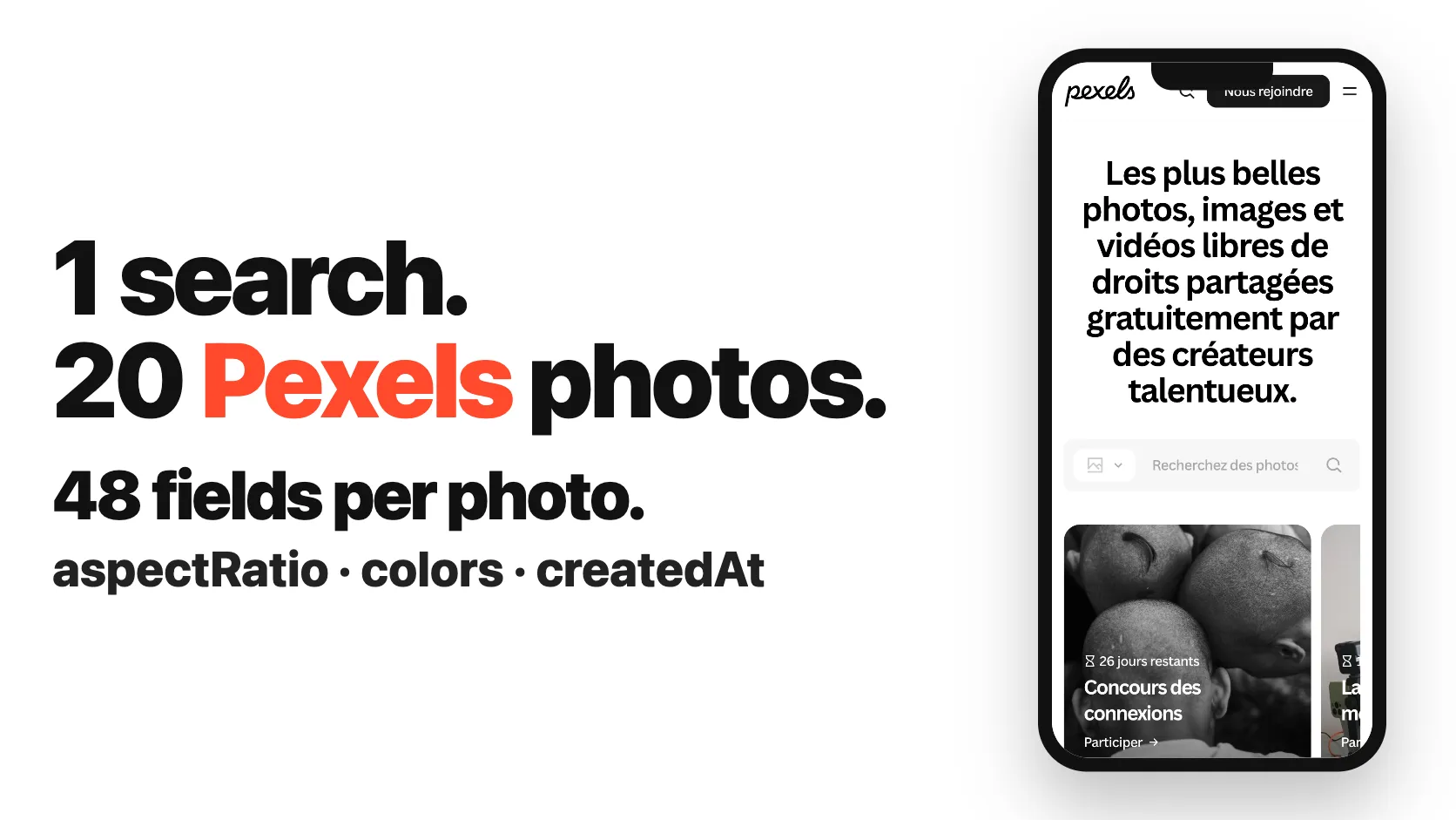 1 search. 20 Pexels photos. 48 fields per photo.