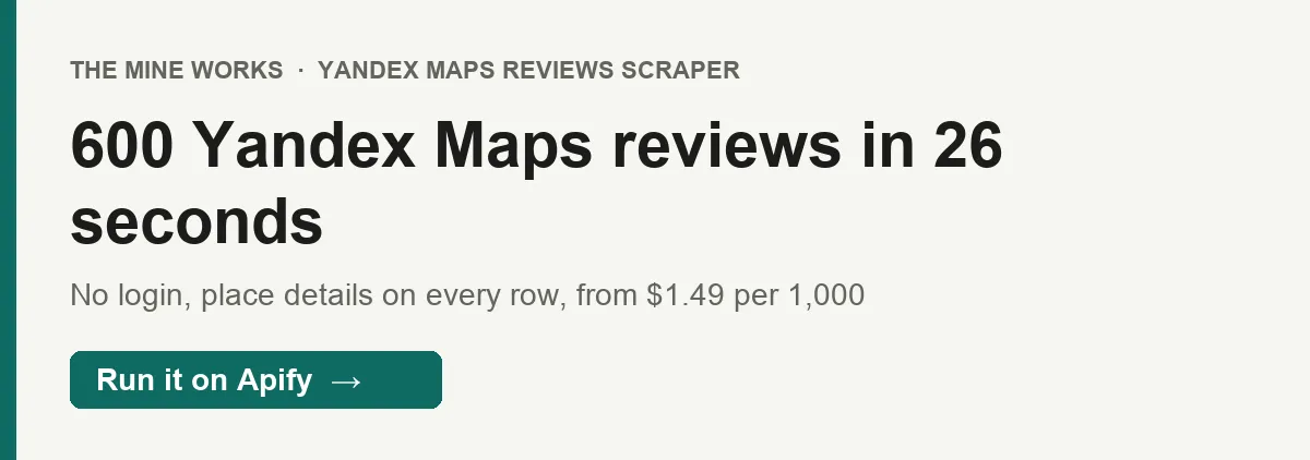 600 Yandex Maps reviews in 26 seconds: a recorded run read 200 reviews from each of 3 Moscow restaurants in 26 seconds